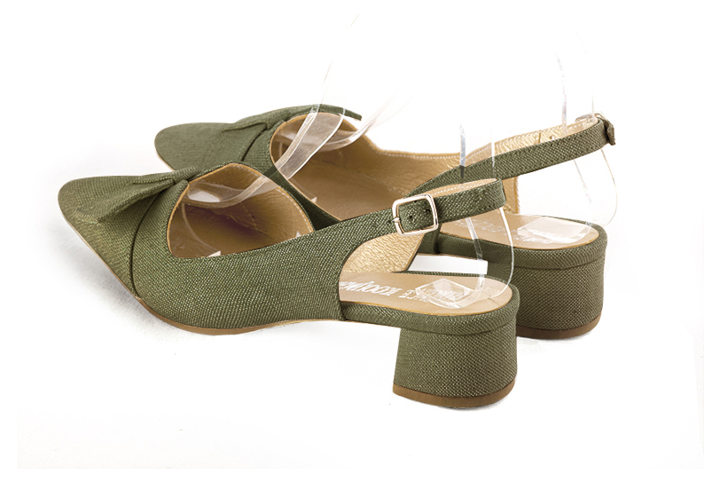 Khaki green women's slingback shoes. Tapered toe. Low flare heels. Rear view - Florence KOOIJMAN